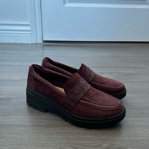 Clarks Women’s Dark Red Burgundy Loafers with Leopard Print Detail